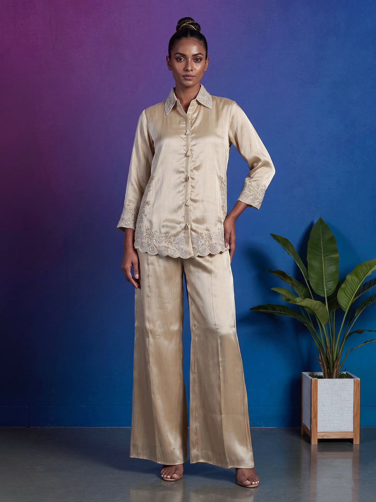 Beige luxury embroidered silk co-ord set