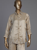 Beige luxury embroidered silk co-ord set
