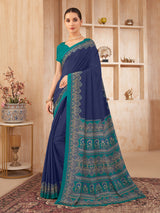 Navy printed contrast border crepe silk casual saree