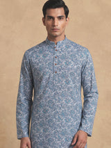 Blue floral linen silk festive kurta suit for men with pants