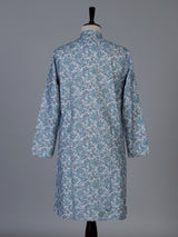Blue floral linen silk festive kurta suit for men with pants
