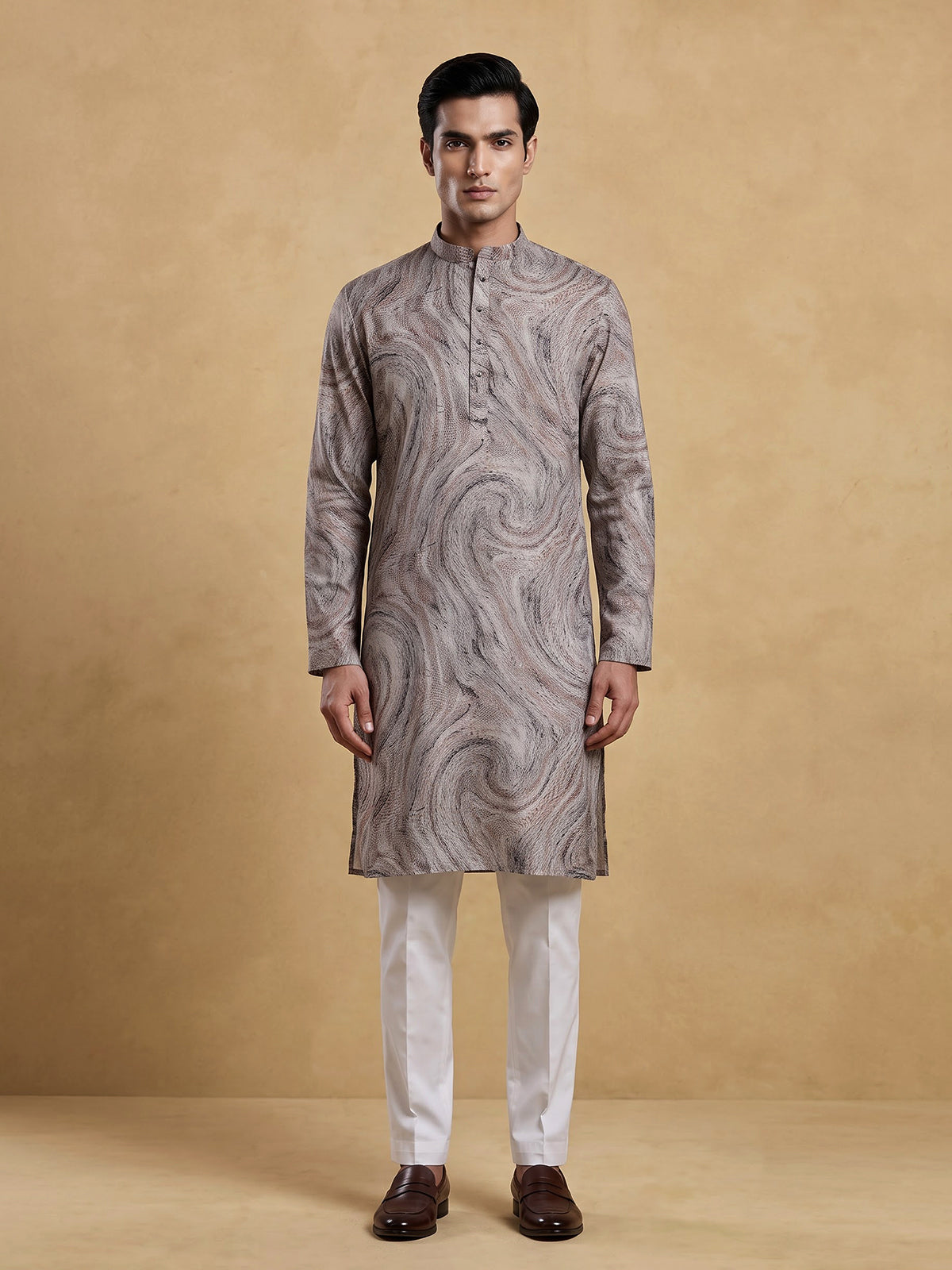 Brown printed cotton silk festive mandarin kurta suit for men