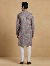 Brown printed cotton silk festive mandarin kurta suit for men