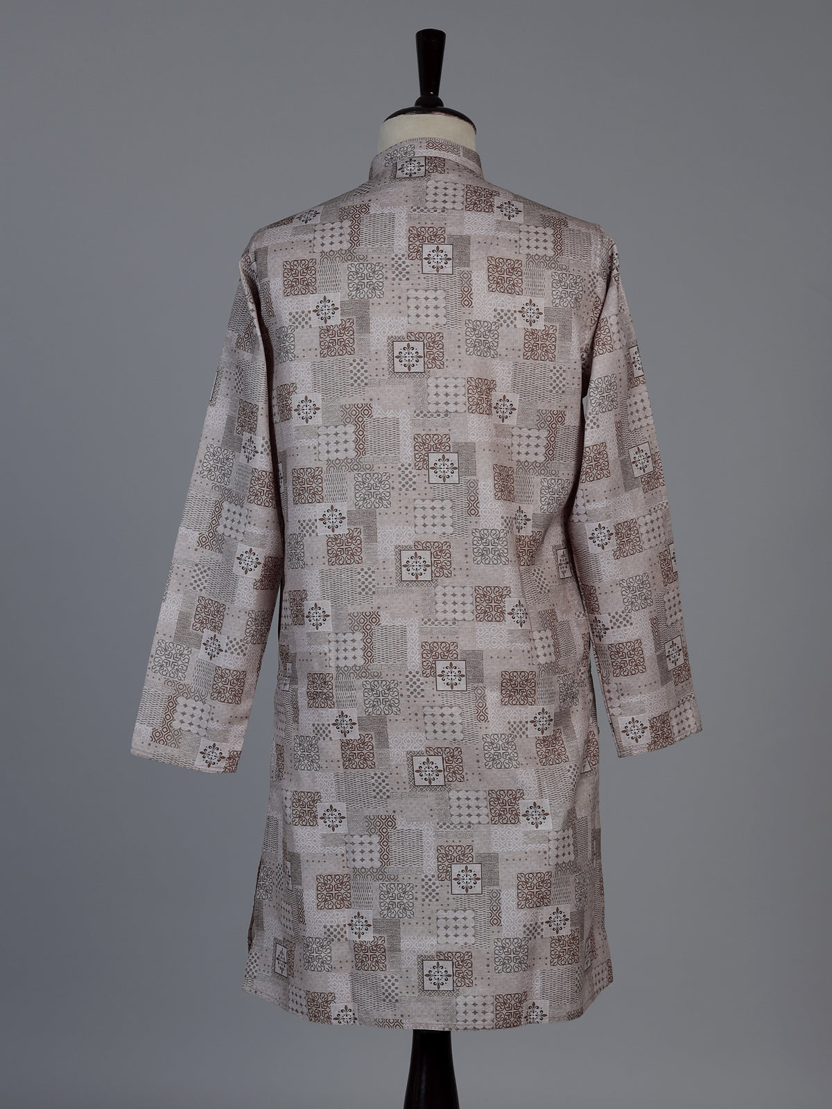 Beige printed cotton silk traditional festive kurta suit for men