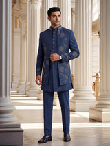 Navy blue royal mens embroidered indo western suit