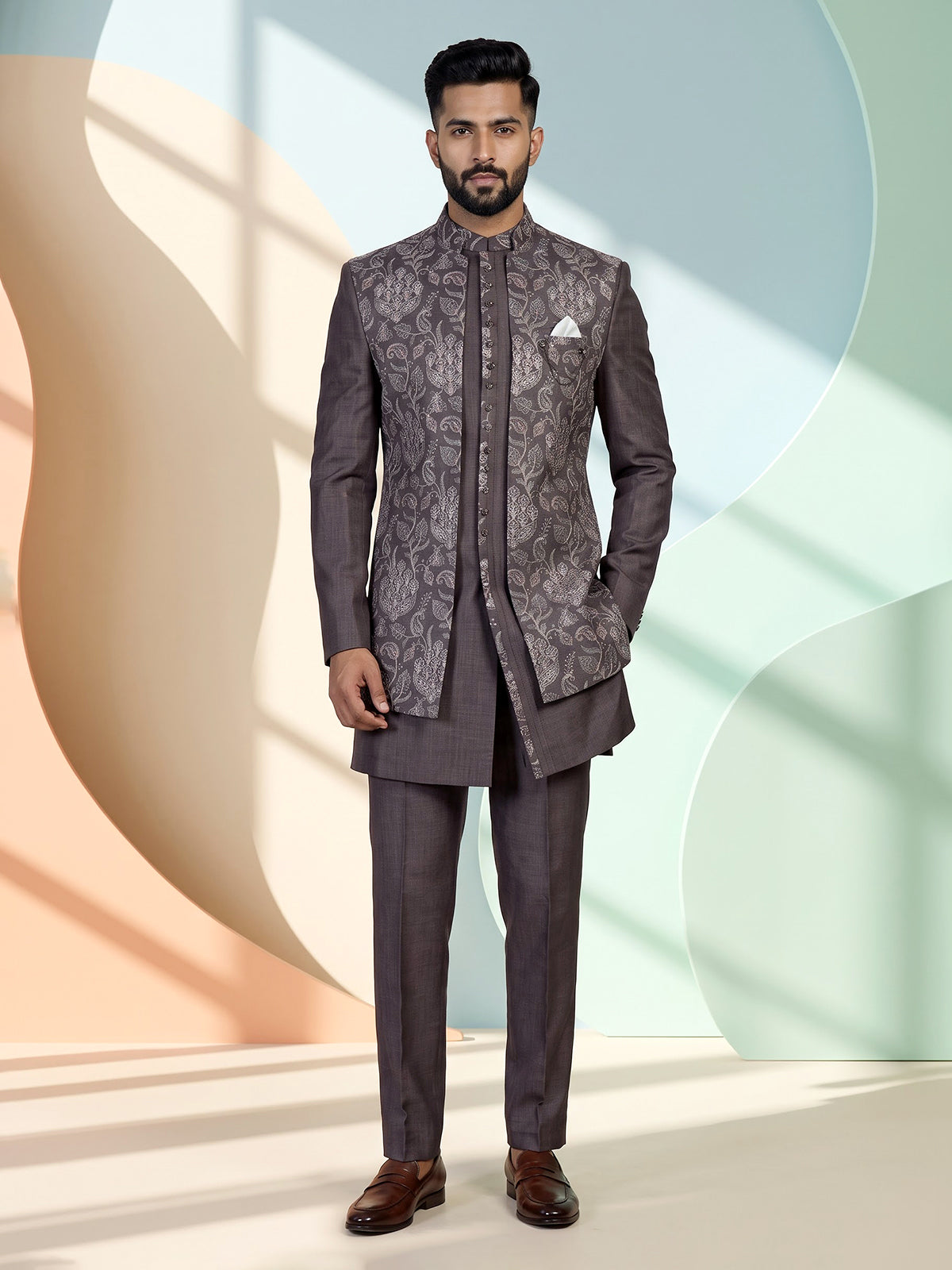 Wine majestic mens brocade silk indo western