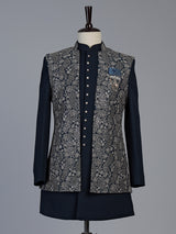 Peacock blue premium mens jacquard indo western