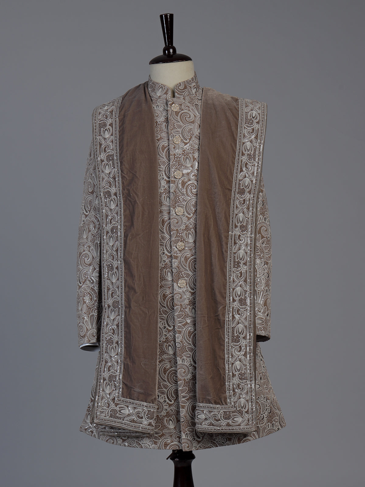 Khakhi brown heritage mens velvet indo western