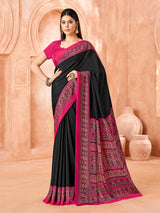 Black printed contrast border and pallu crepe silk saree
