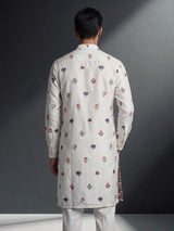 White cotton silk elephant motif festive chinese collar kurta for men