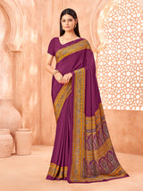 Purple printed contrast border crepe silk saree
