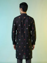 Black cotton silk elephant motif festive chinese collar kurta for men