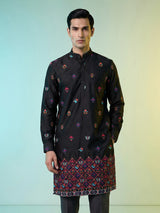 Black cotton silk elephant motif festive chinese collar kurta for men