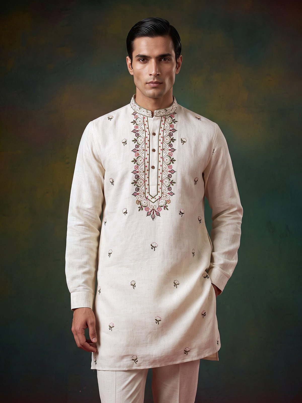 Off white linen embroidered butti festive wear kurta for men