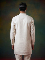 Off white linen embroidered butti festive wear kurta for men