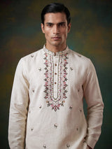 Off white linen embroidered butti festive wear kurta for men