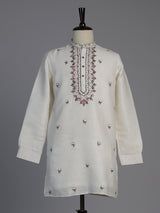 Off white linen embroidered butti festive wear kurta for men