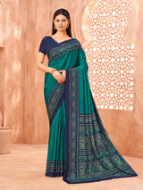 Rama green printed contrast border and pallu crepe silk saree