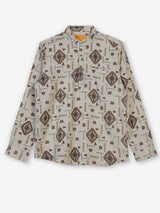 Beige and brown printed cotton linen shirt style festive kurta for men