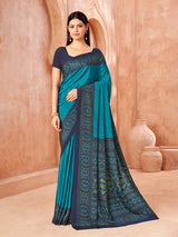 Blue printed contrast border and pallu crepe silk saree