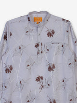 White cotton linen brown floral printed festive shirt style kurta for men