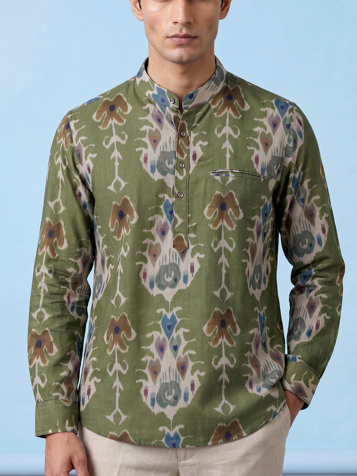 Pista green printed cotton silk festive shirt style kurta for men