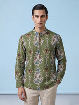 Pista green printed cotton silk festive shirt style kurta for men