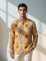 Orange printed cotton silk festive shirt style kurta for men