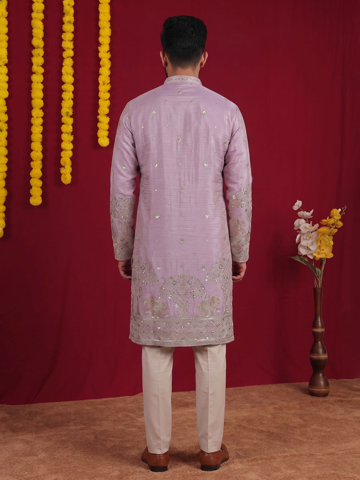 Purple heritage embroidered mens kurta pant