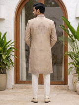 Beige royal embroidered mens wedding sherwani