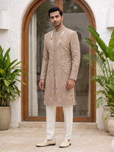 Beige royal embroidered mens wedding sherwani
