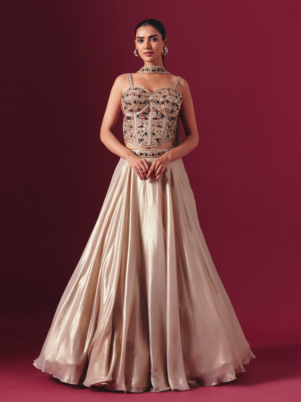 Pastel beige satin silk designer lehenga choli with dupatta