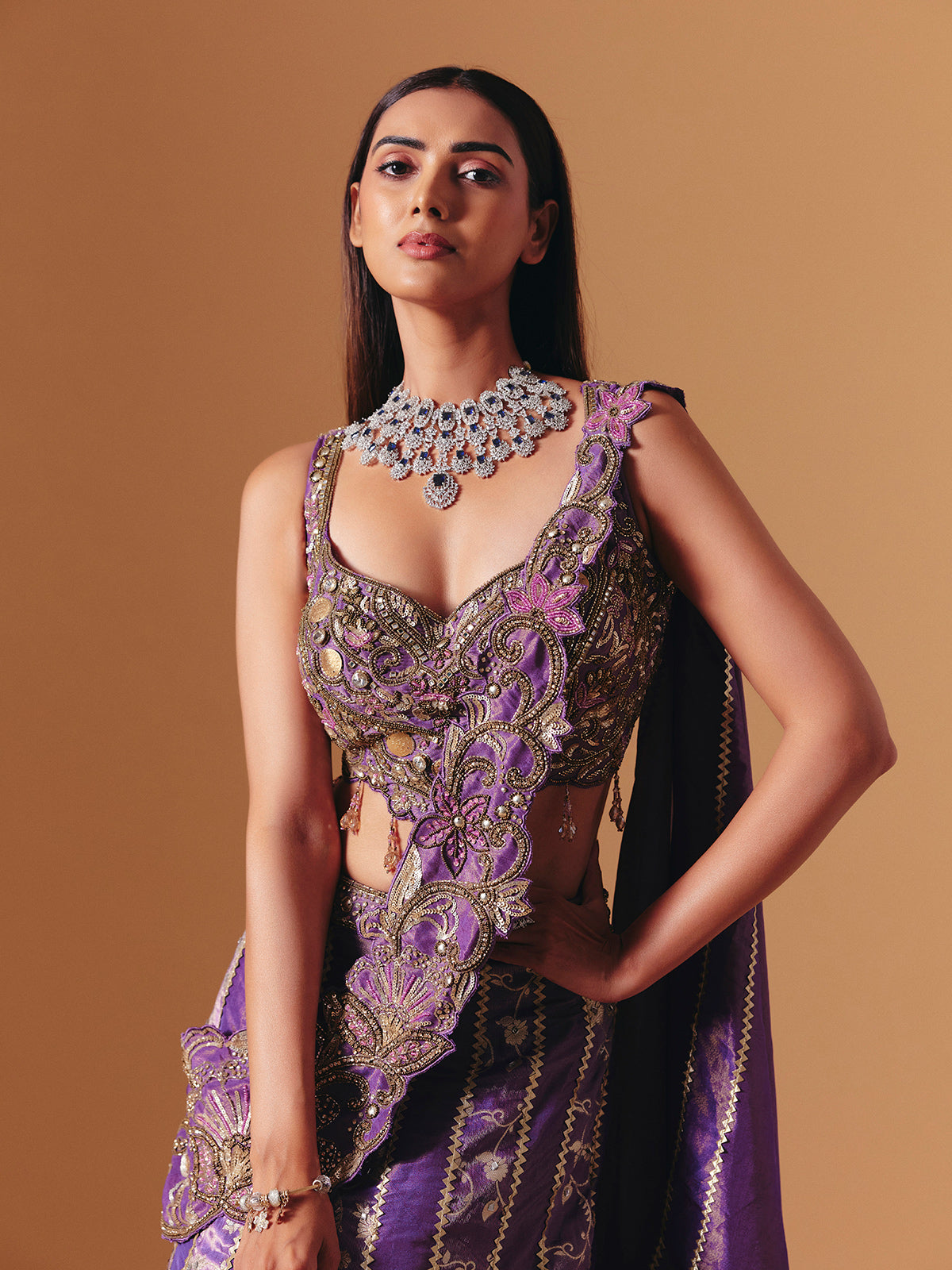 Purple designer silk lehenga choli with attached dupatta elegance
