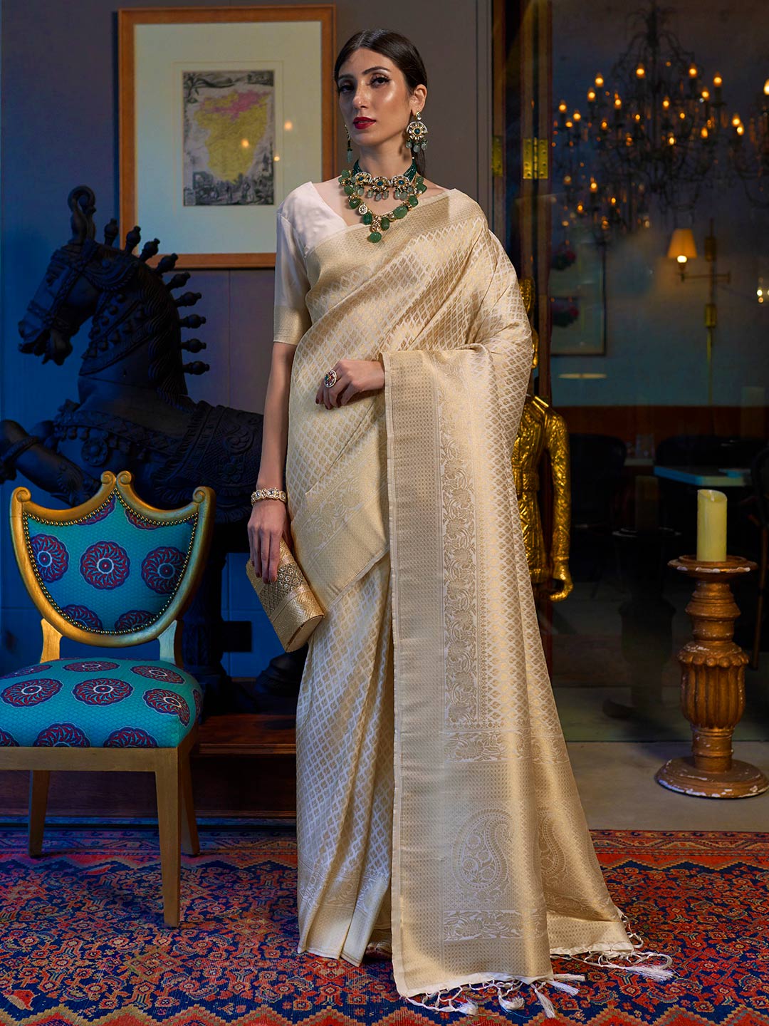 Wedding wear kanjivaram saree in beige color
