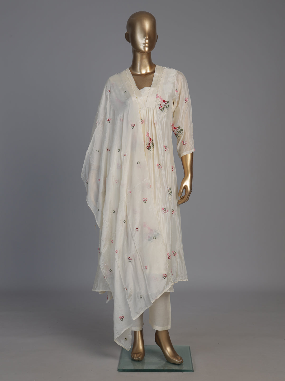 Cream silk pearl embellished festive kurti set with dupatta