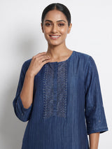 Indigo blue silk embellished festive straight kurti set