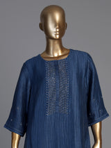 Indigo blue silk embellished festive straight kurti set