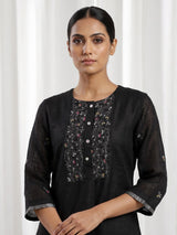 Black cotton silk embroidered festive straight kurti palazzo set