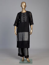 Black cotton silk embroidered festive straight kurti palazzo set