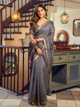 Grey traditional floral bird kolkata cotton saree