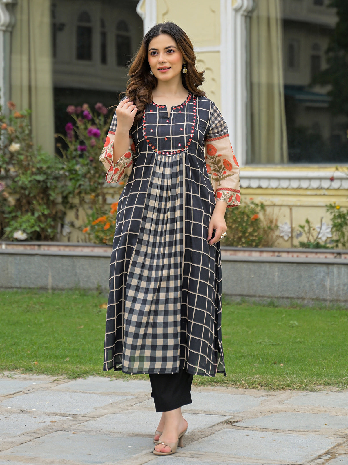 Black mirror embroidered anarkali kurti set