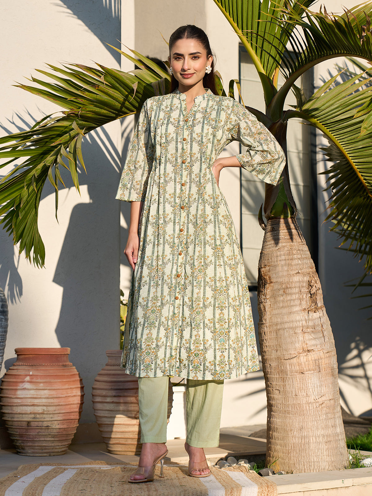 Green graceful printed cotton silk kurti set