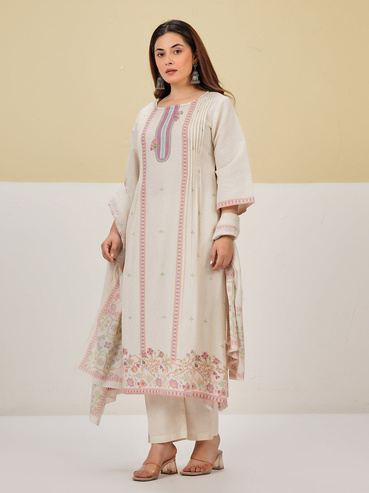 Off white elegant printed cotton kurti set