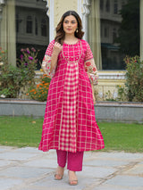 Pink festive aabla work anarkali kurti set