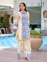 Cream embroidered cotton festive kurti set