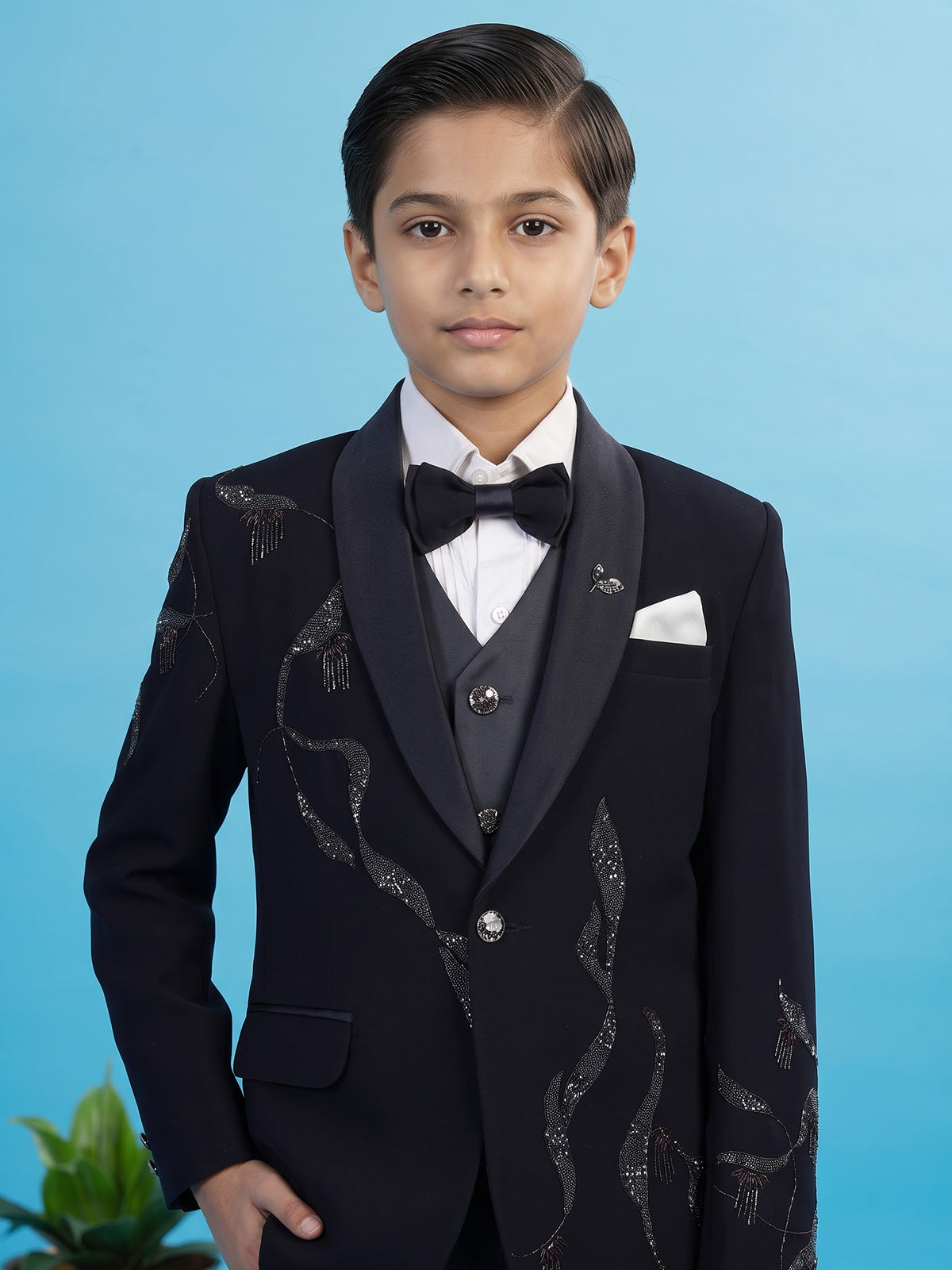 Blue abstract embroidered boys three piece coat suit