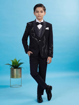 Blue abstract embroidered boys three piece coat suit