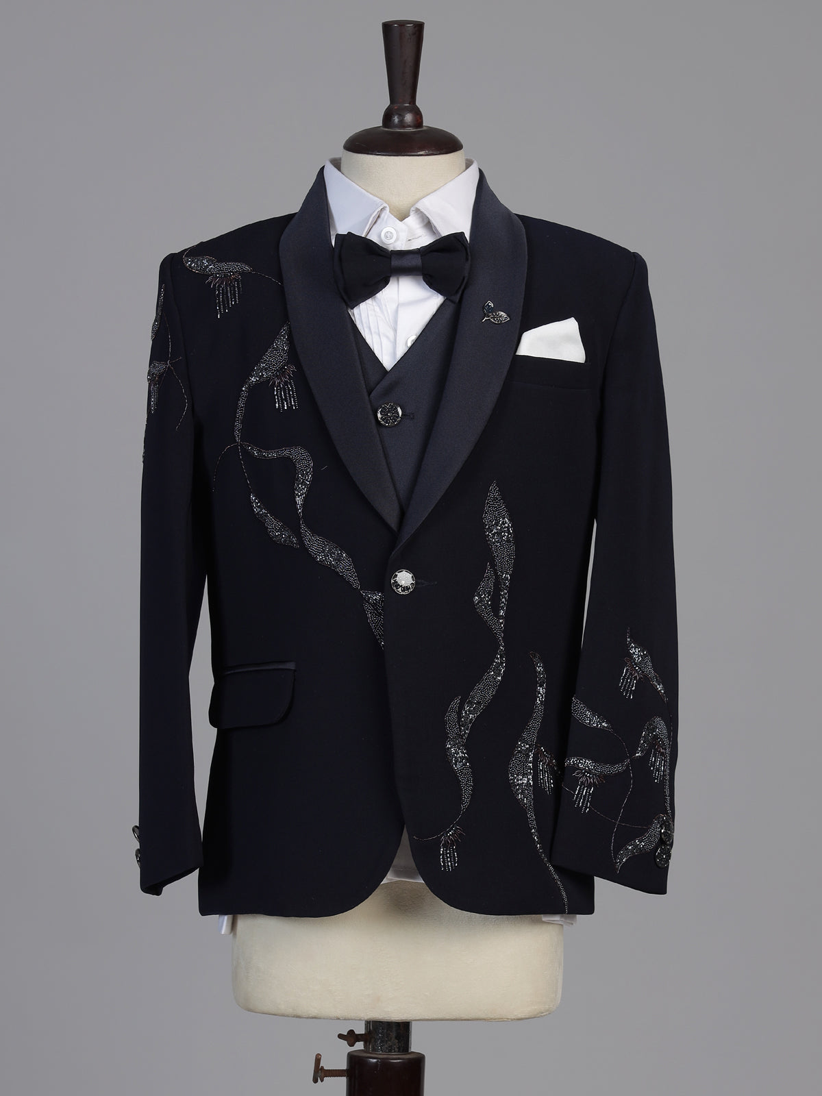 Blue abstract embroidered boys three piece coat suit