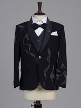 Blue abstract embroidered boys three piece coat suit