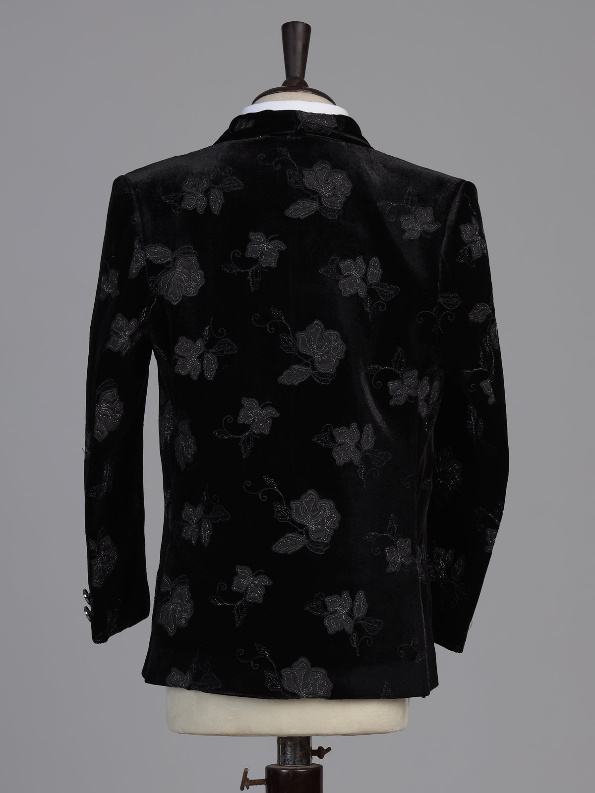 Black embroidered velvet boys three piece coat suit
